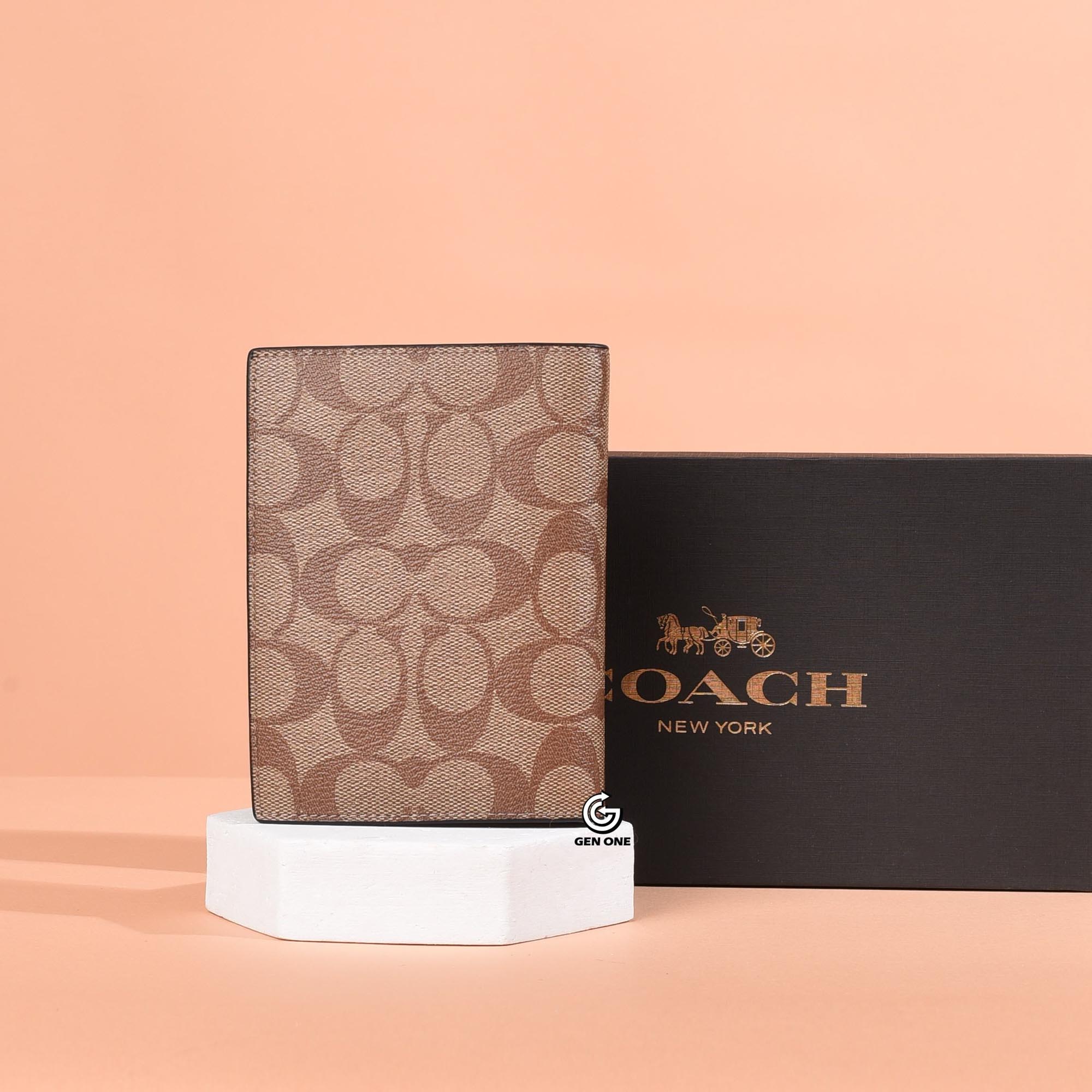 COACH 93518 SIGNATURE CANVAS PASSPORT WALLET - BROWN