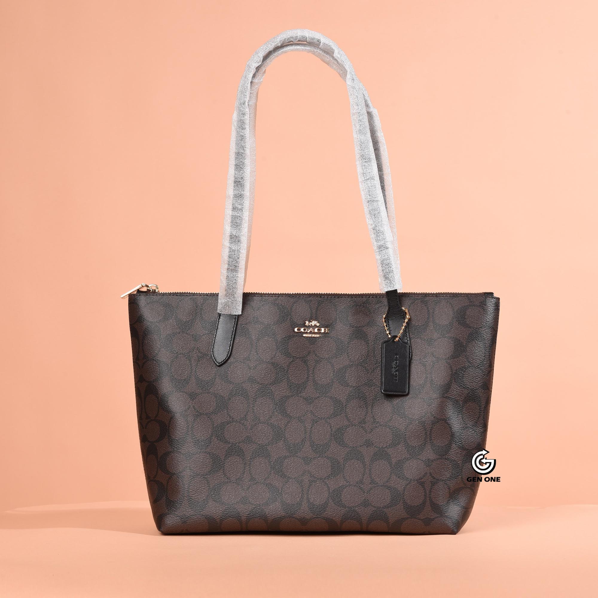 COACH 4455 SIGNATURE CANVAS ZIP TOTE BAG - BROWN