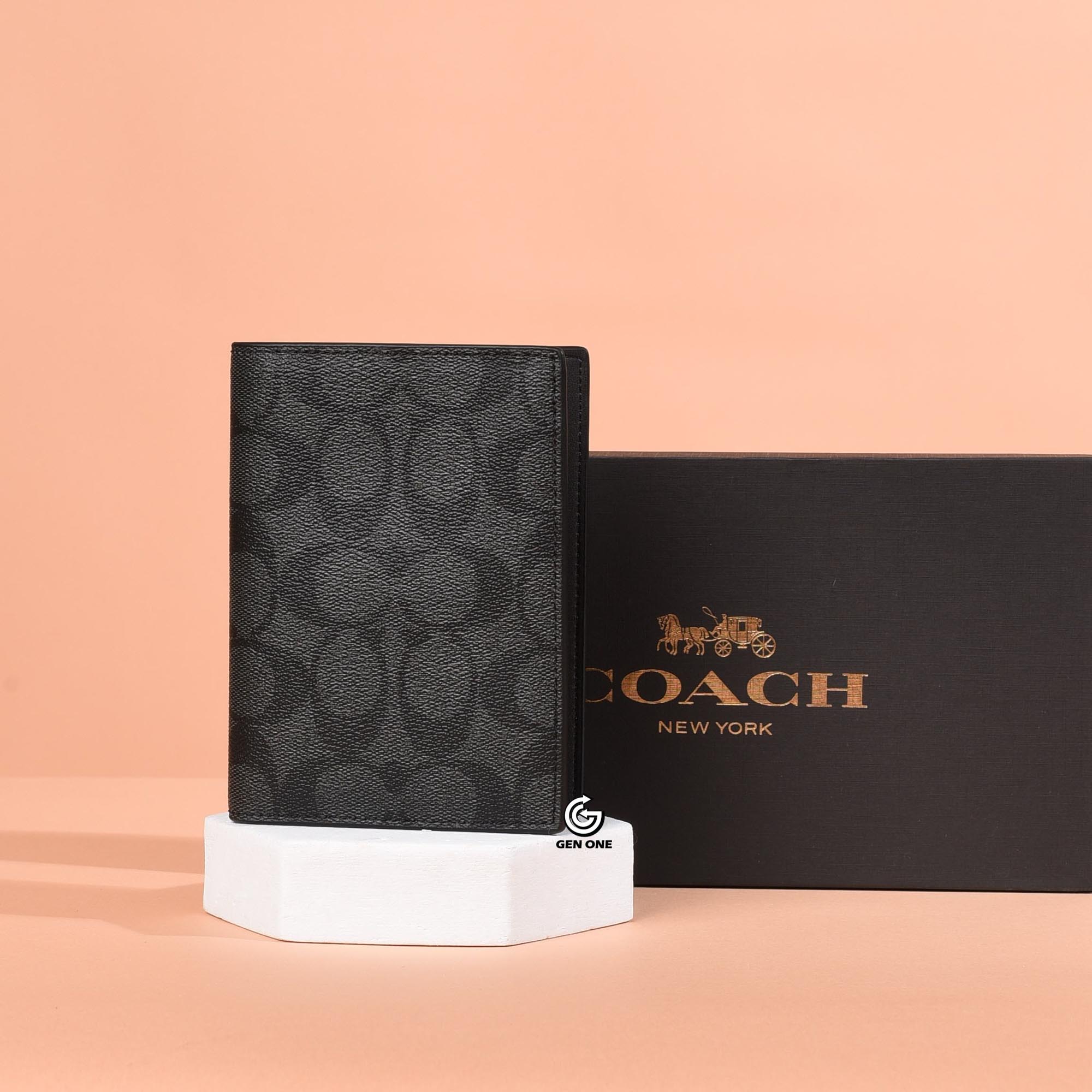 COACH 93518 SIGNATURE CANVAS PASSPORT WALLET - BLACK