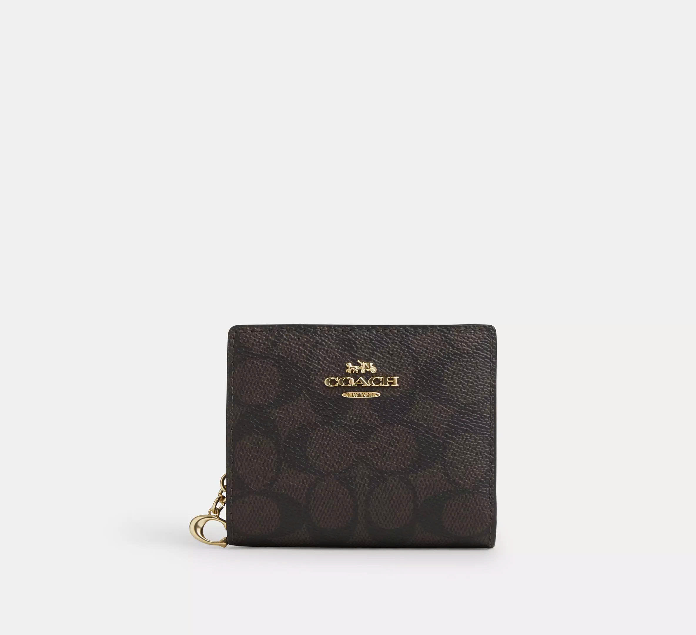 COACH CW789 SNAP WALLET IN SIGNATURE CANVAS - DARK BROWN