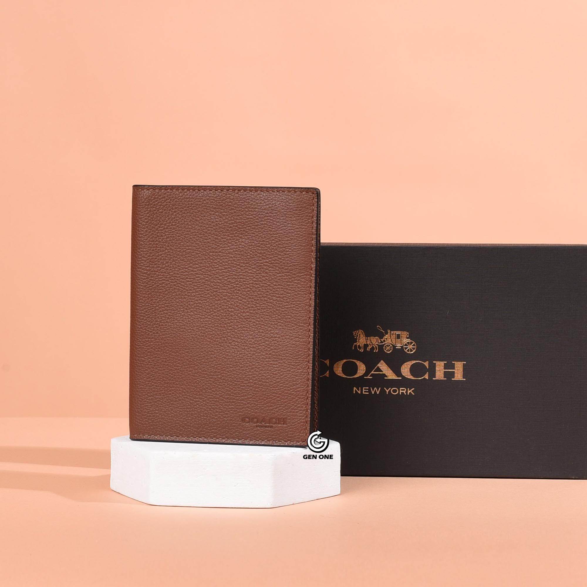 COACH F93604 CROSS LEATHER PASSPORT WALLET - BROWN