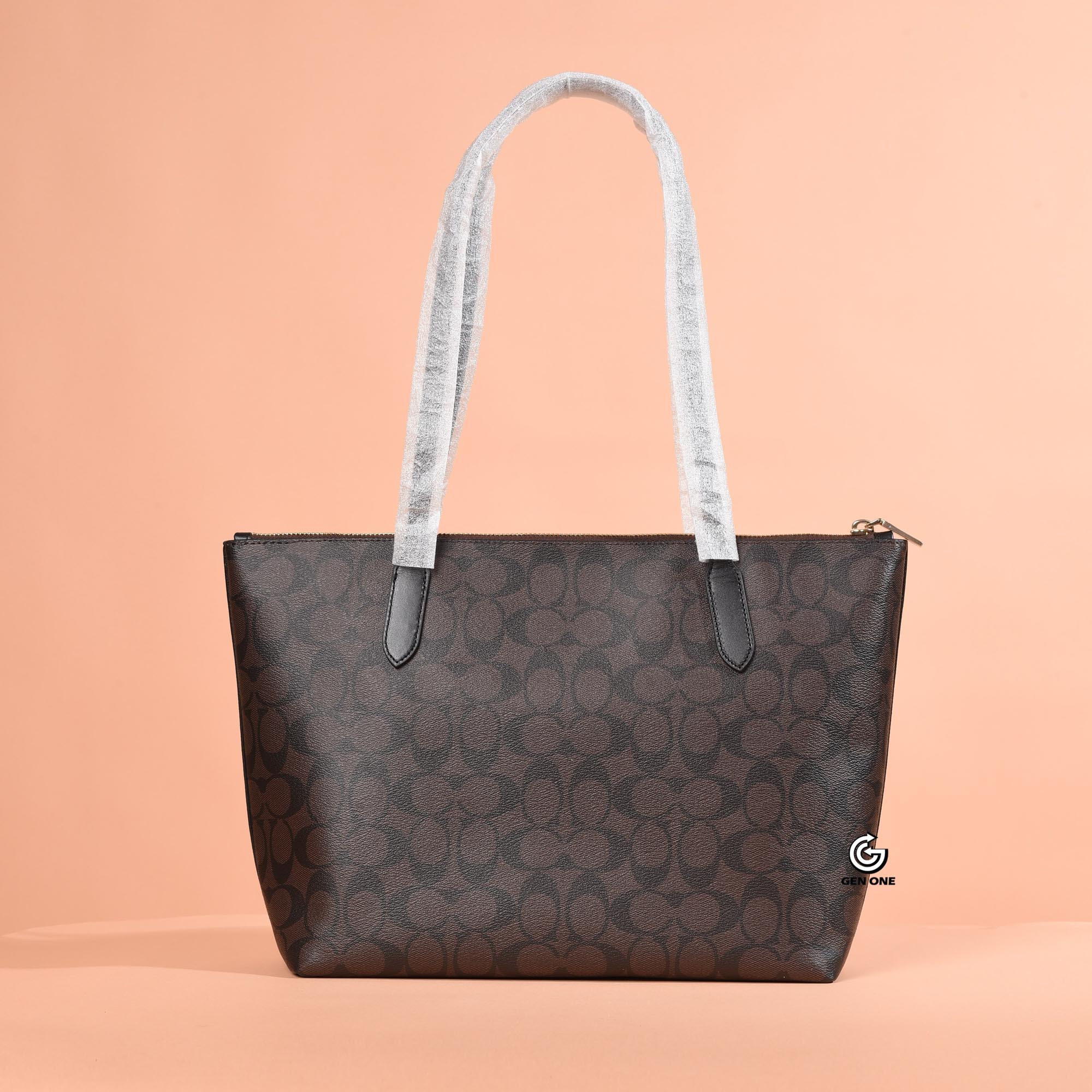 COACH 4455 SIGNATURE CANVAS ZIP TOTE BAG - BROWN