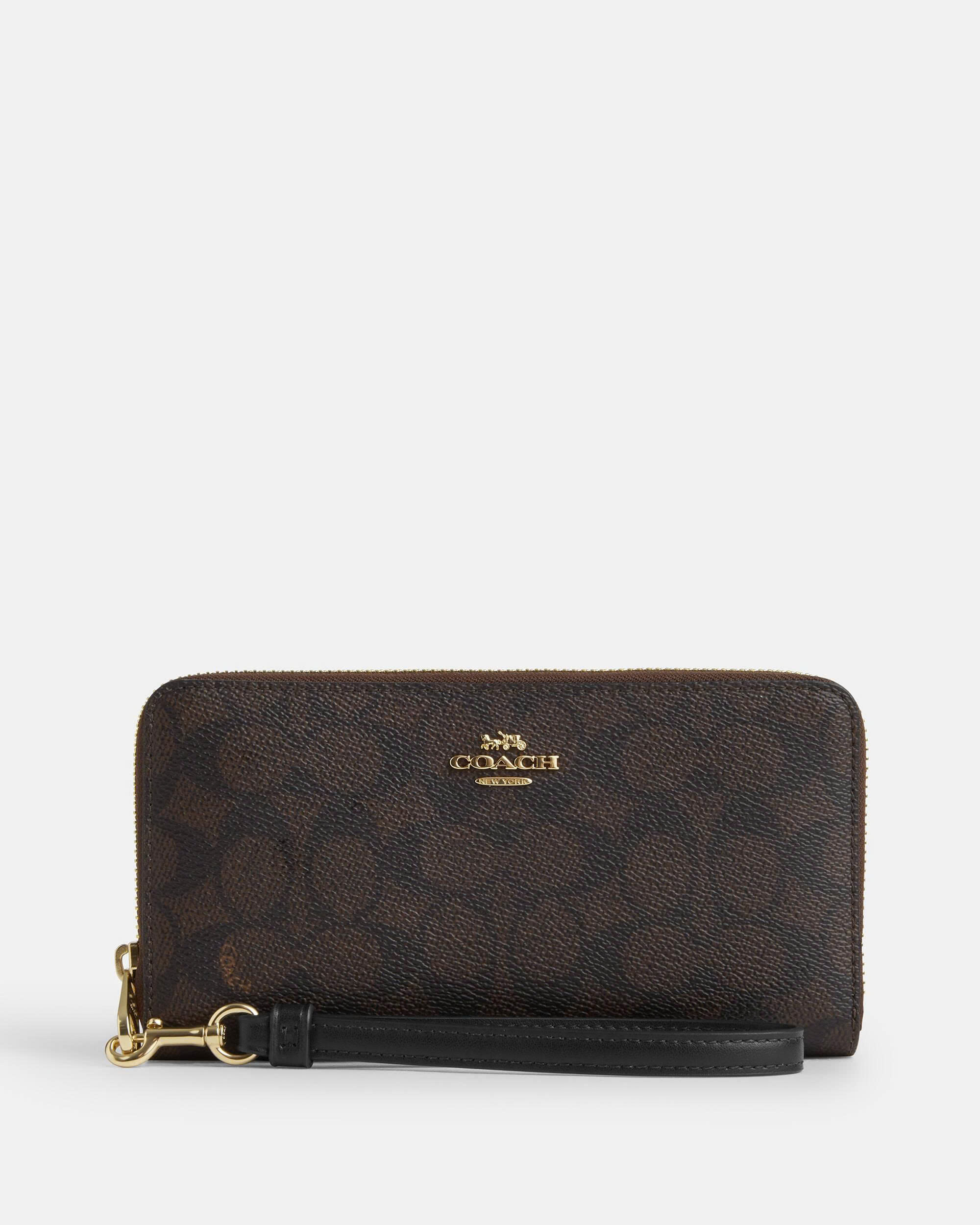 COACH CW778 LONG ZIP AROUND WALLET IN SIGNATURE CANVAS - DARK BROWN