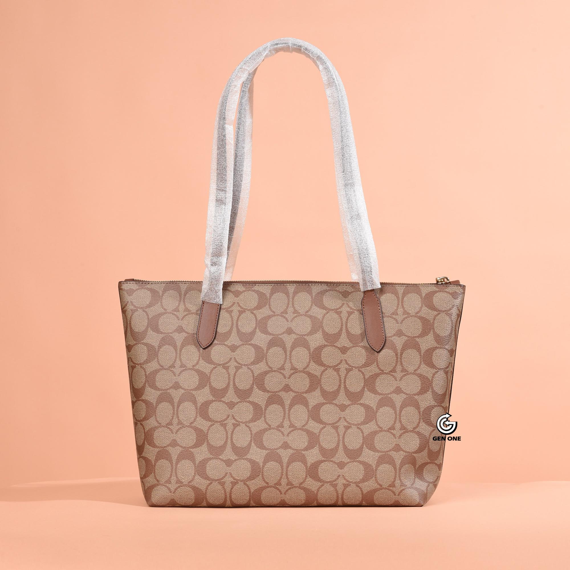 COACH 4455 SIGNATURE CANVAS ZIP TOTE BAG - BEIGE