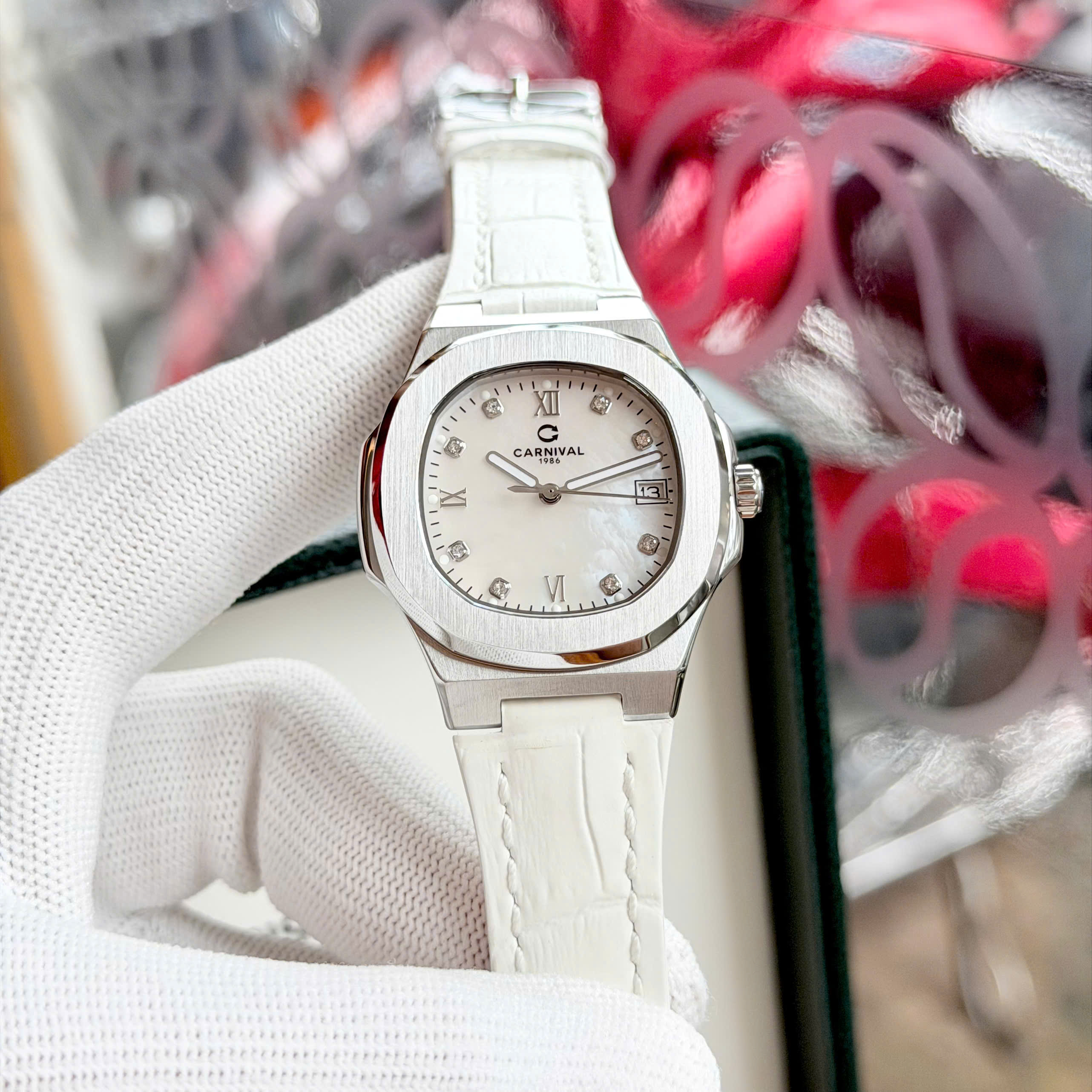 ĐỒNG HỒ NỮ CARNIVAL 8160L VT DD TK QUARTZ 34MM ( XÀ CỪ TRẮNG - DÂY DA TRẮNG )