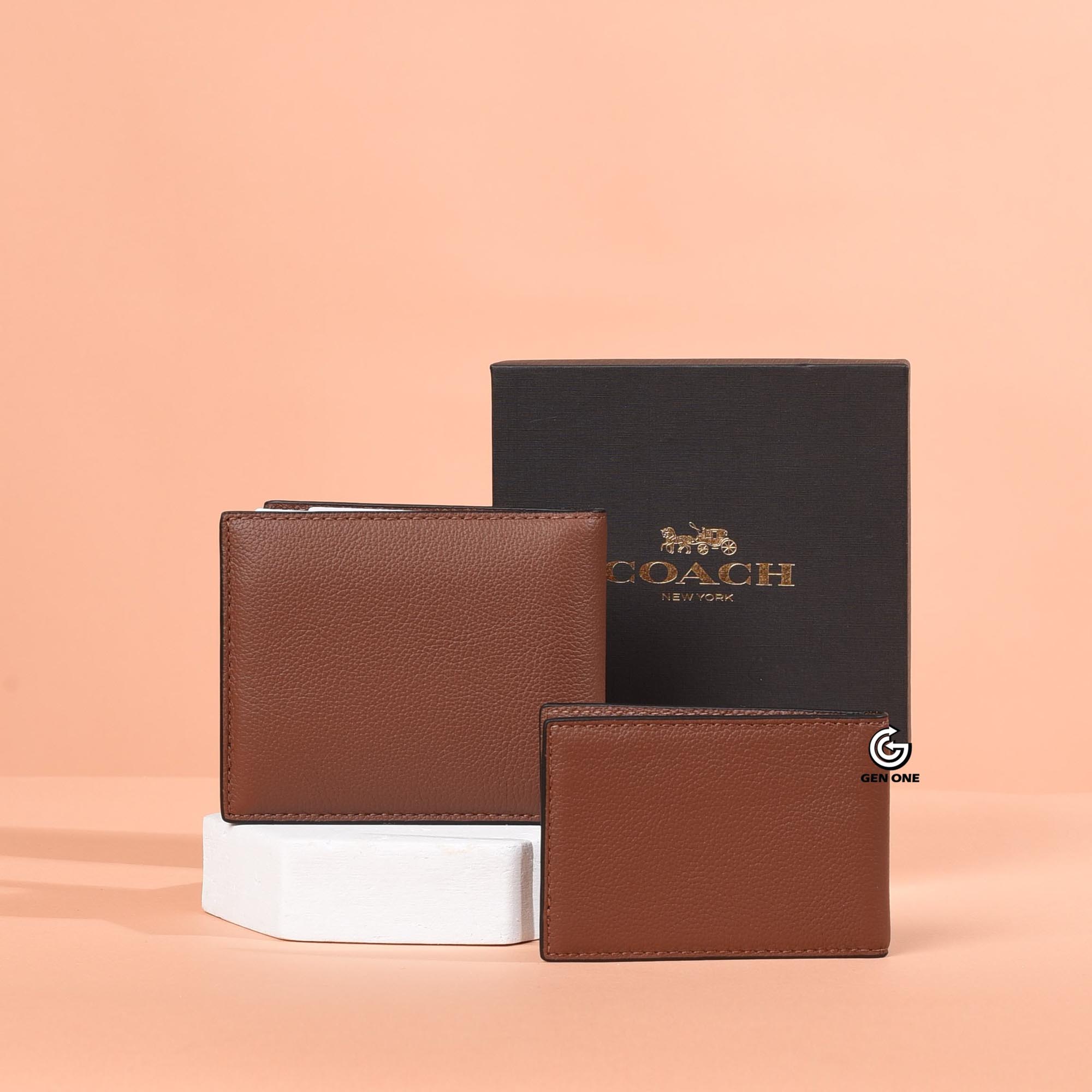 COACH CROSS LEATHER DOUBLE WALLET - BROWN